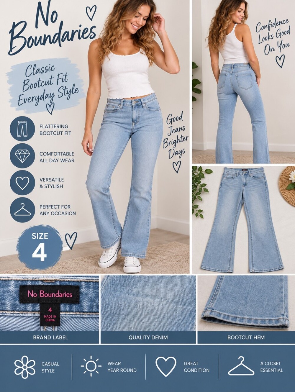 New no boundaries Women's size 4 bootcut Denim jeans #03